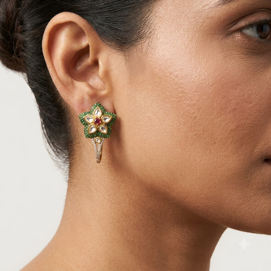 Vedilora Kundan Floral Drop Earrings – Green & White Statement Earrings