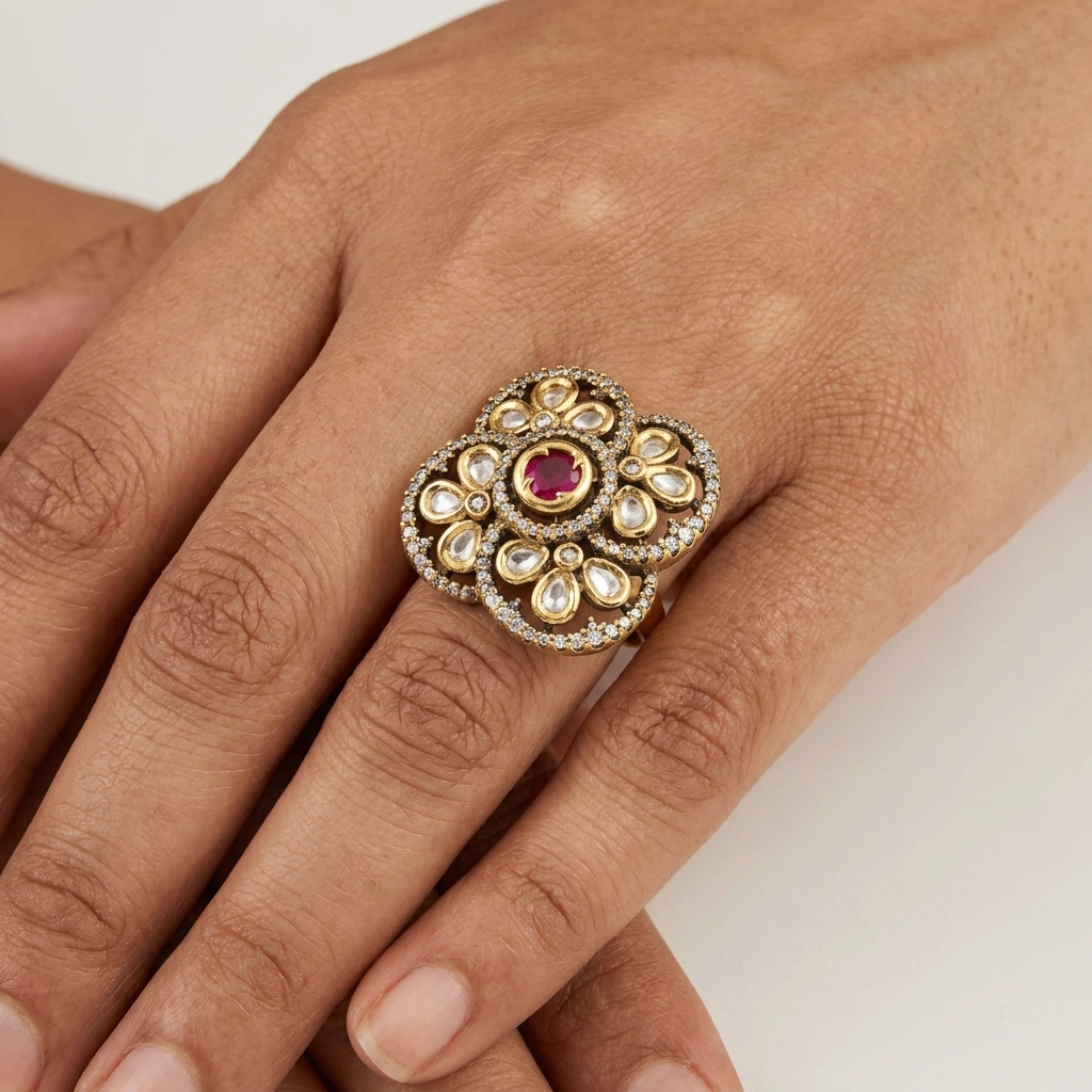 Ruby Floral Kundan Statement Ring