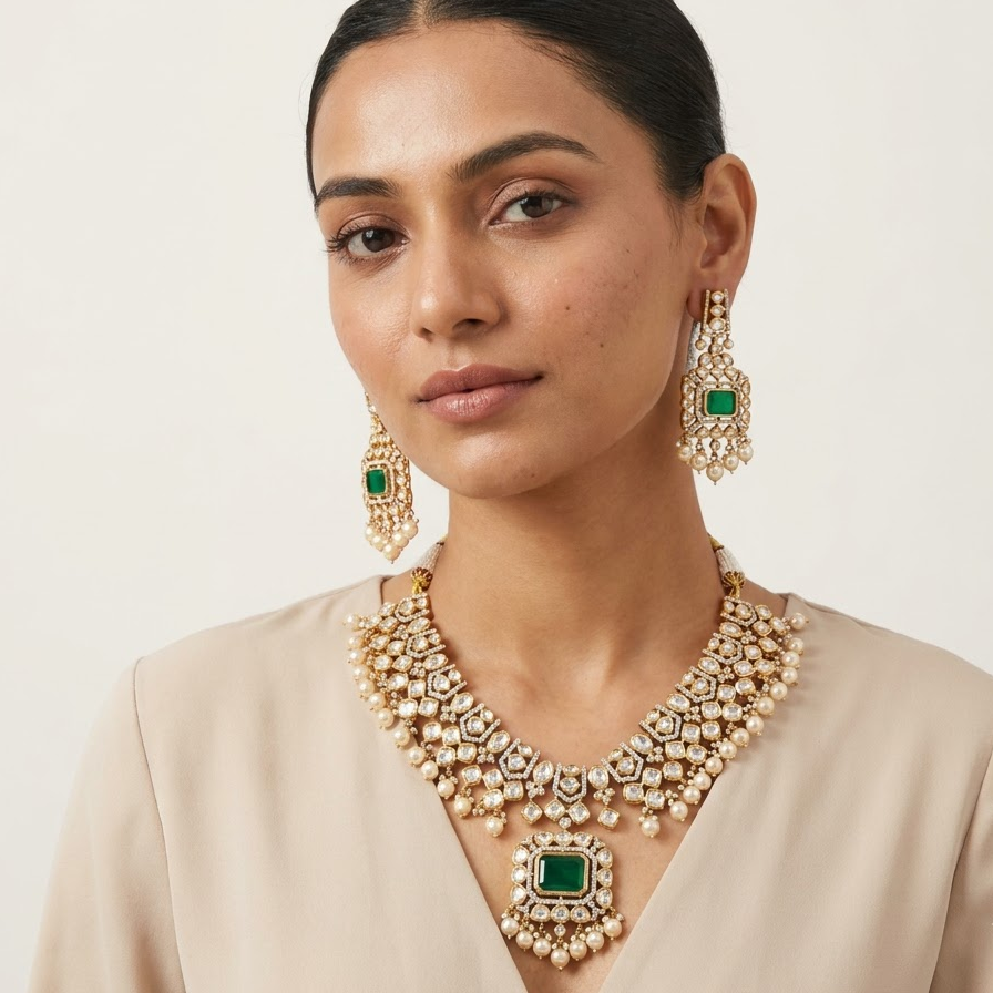 Emerald Kundan Bridal Necklace Set