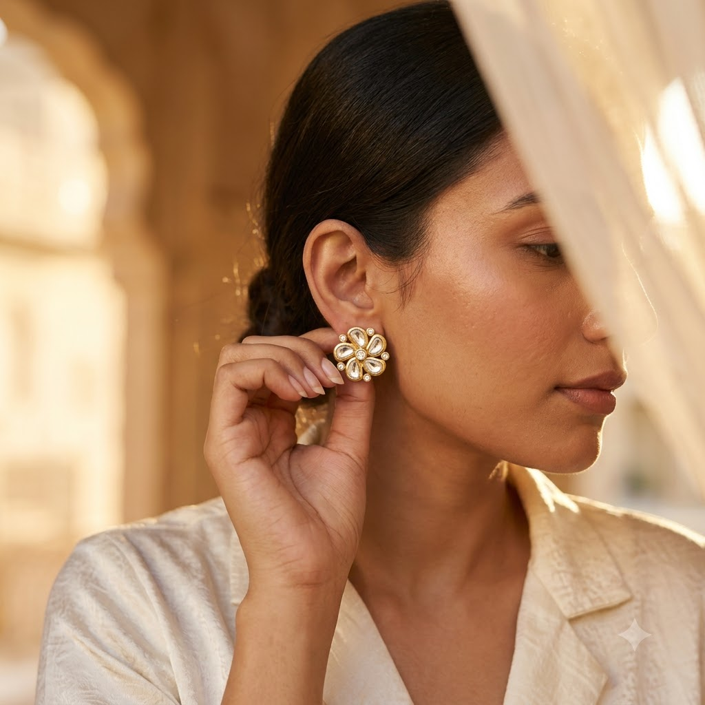Vedilora Kundan Floral Stud Earrings – Elegant Gold-Tone Statement Jewellery