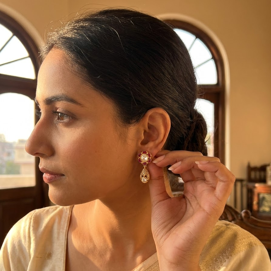 Vedilora Kundan Drop Earrings – Green, Blue & Ruby Floral Statement Jewellery