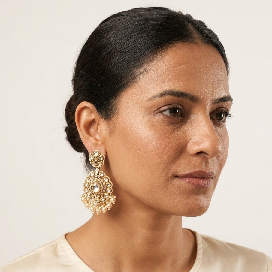 Vedilora Kundan Pearl Drop Earrings – Ruby, Green & White Statement Jewellery