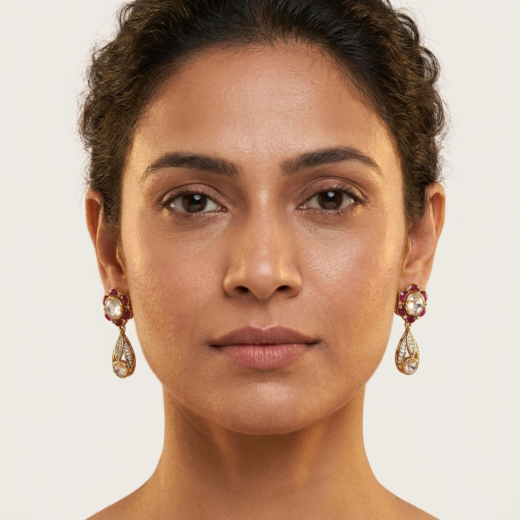 Elegant Ruby Pink Kundan-Inspired Drop Earrings