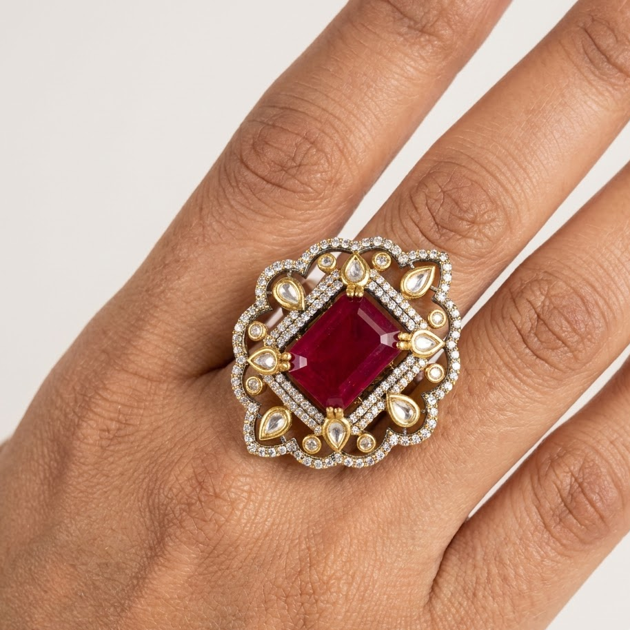 Kundan Floral Statement Ring Free Size / Adjustable Fit