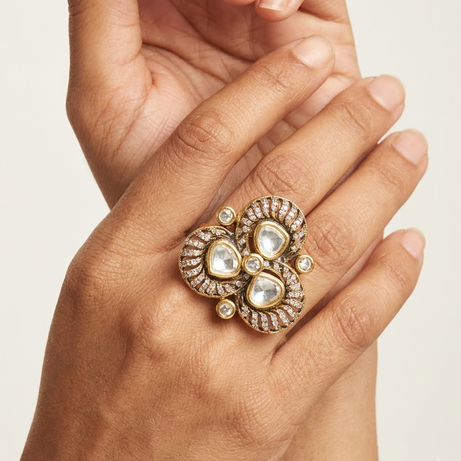 Vedilora Kundan Floral Statement Ring – Gold-Tone Designer Ring