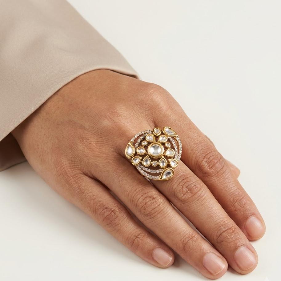 Vedilora Royal Kundan Floral Statement Ring Free Size / Adjustable Fit