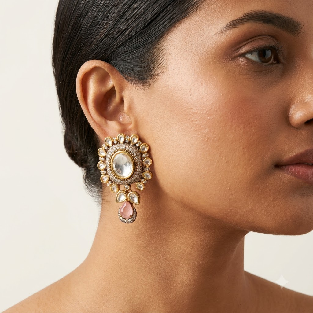 Vedilora Kundan Drop Earrings – Multicolor Stone & Gold-Tone Statement Earrings