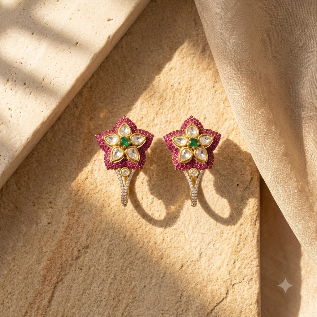 Vedilora Kundan Floral Drop Earrings – Green & White Statement Earrings