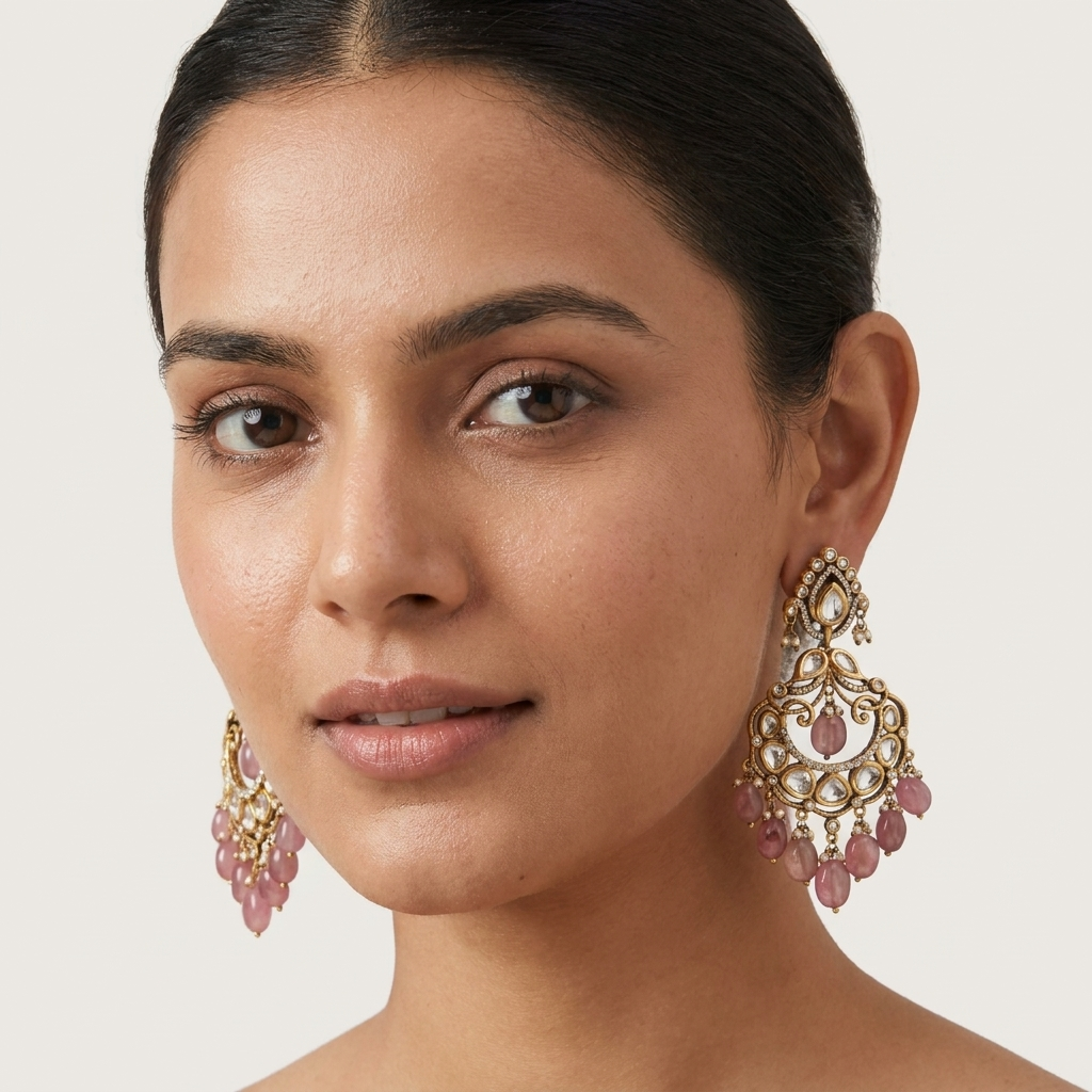 Royal Pink Kundan-Inspired Chandbali Earrings