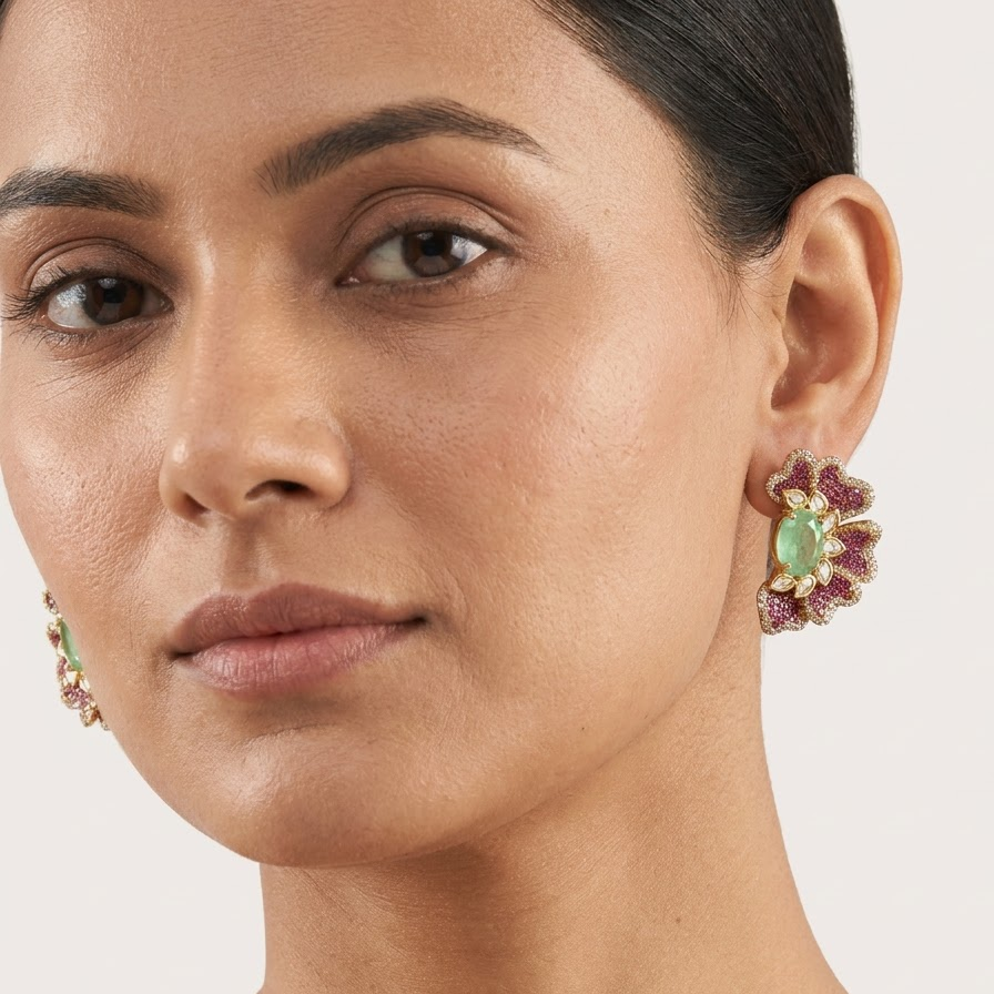 Vedilora Kundan Floral Stud Earrings – Green, Pink & Red Statement Jewellery
