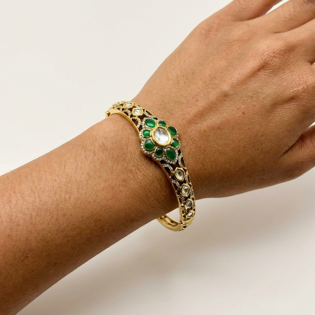 Elegant Green Kundan-Inspired Floral Bangle