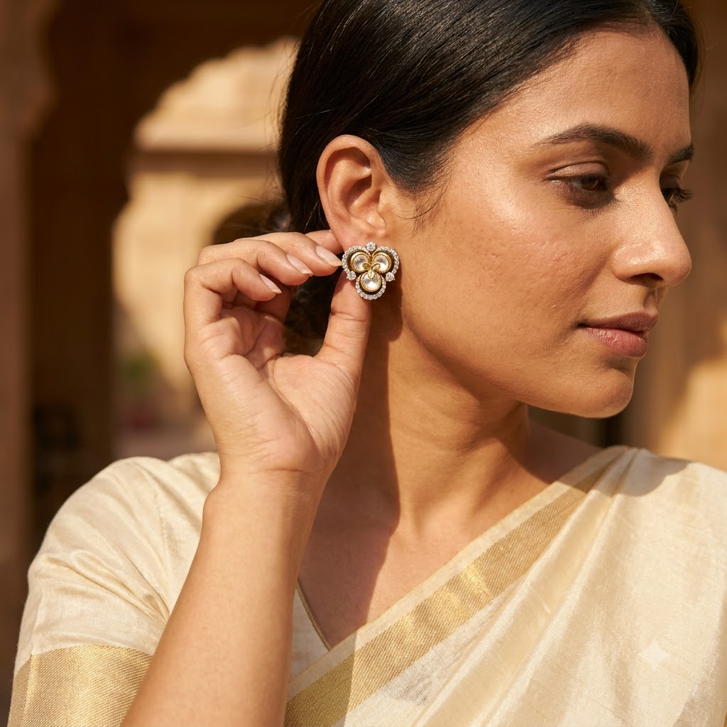 Vedilora Kundan Floral Stud Earrings – Elegant Gold-Tone Statement Jewellery