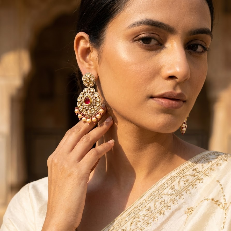 Vedilora Kundan Pearl Drop Earrings – Ruby, Green & White Statement Jewellery