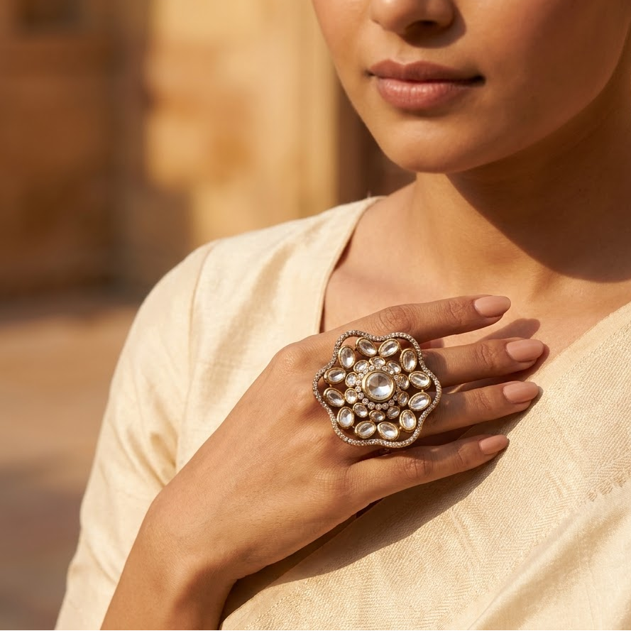 Royal Floral Kundan Statement Ring Free Size / Adjustable Fit
