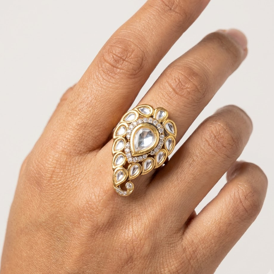 Teardrop Kundan Statement Ring Free Size / Adjustable Fit