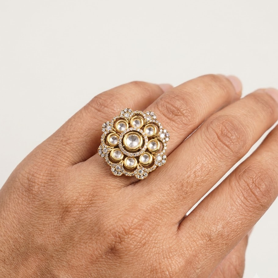 Vedilora Kundan Statement Ring – Free Size Floral Gold-Tone Ring