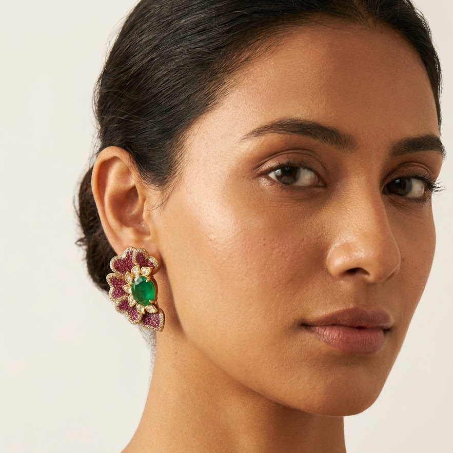 Vedilora Kundan Floral Stud Earrings – Green, Pink & Red Statement Jewellery