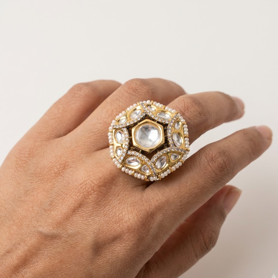 Vedilora Kundan Pearl Statement Ring – Gold-Tone Designer Ring Size: Free Size / Adjustable