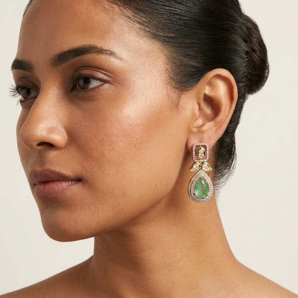 Emerald Green Teardrop Earrings – Gold-Finish Crystal Statement Earrings