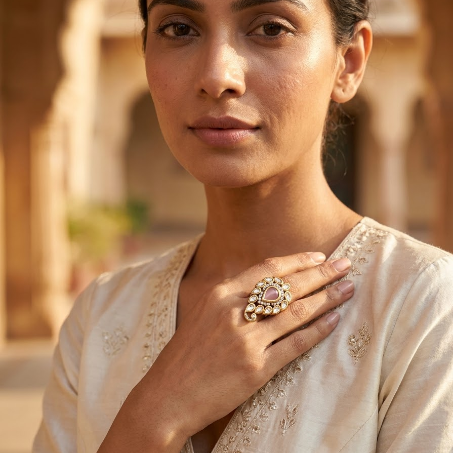 Teardrop Kundan Statement Ring Free Size / Adjustable Fit