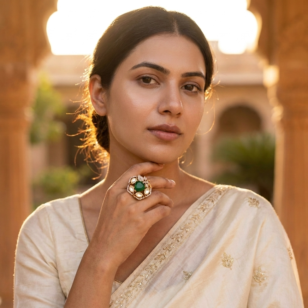 Floral Stone Ethnic Ring – Green