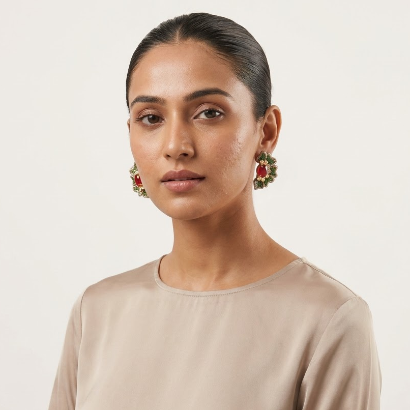 Vedilora Kundan Floral Stud Earrings – Green, Pink & Red Statement Jewellery