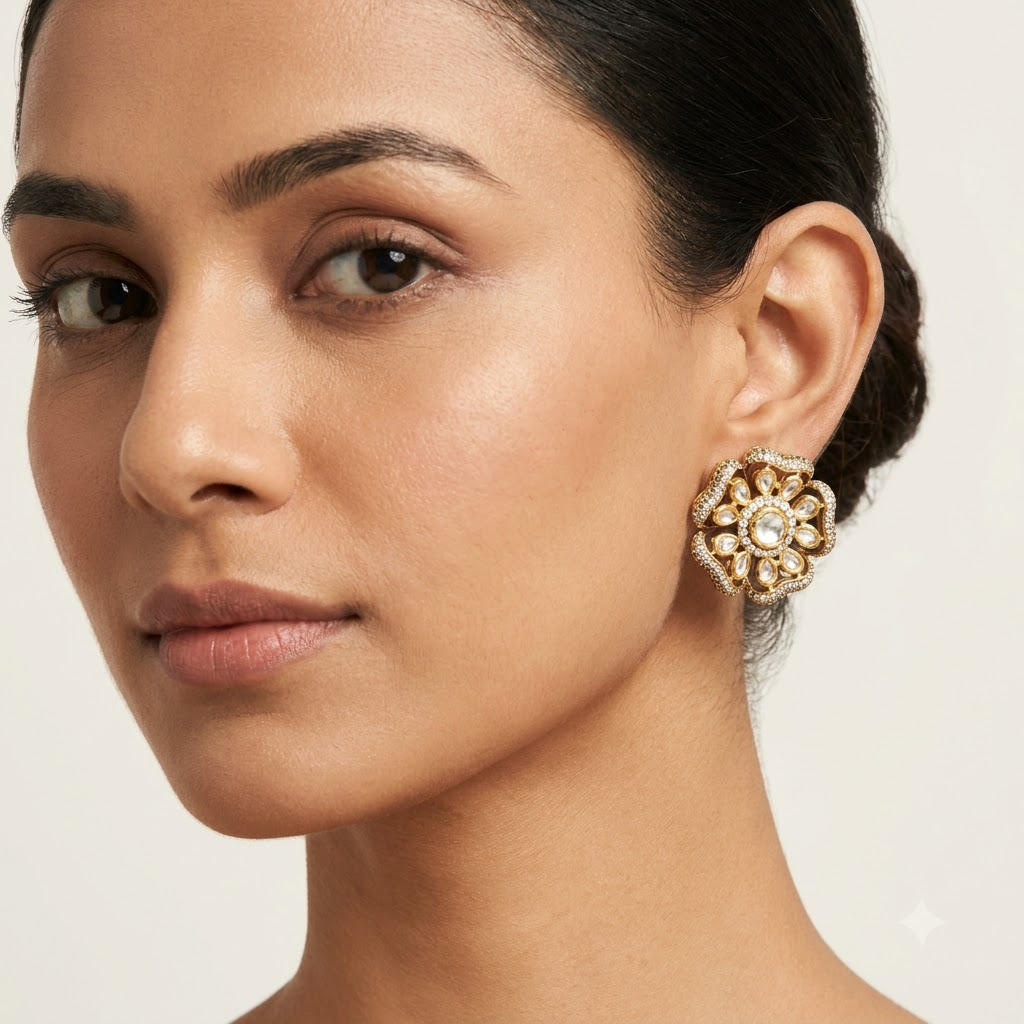 Vedilora Kundan Floral Stud Earrings – Elegant Gold-Tone Statement Jewellery