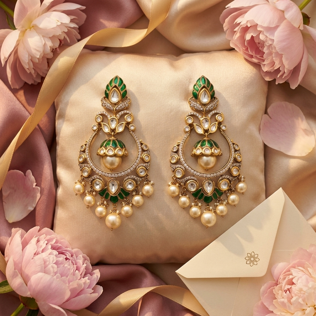 Traditional Kundan Chandbali Earrings – Green