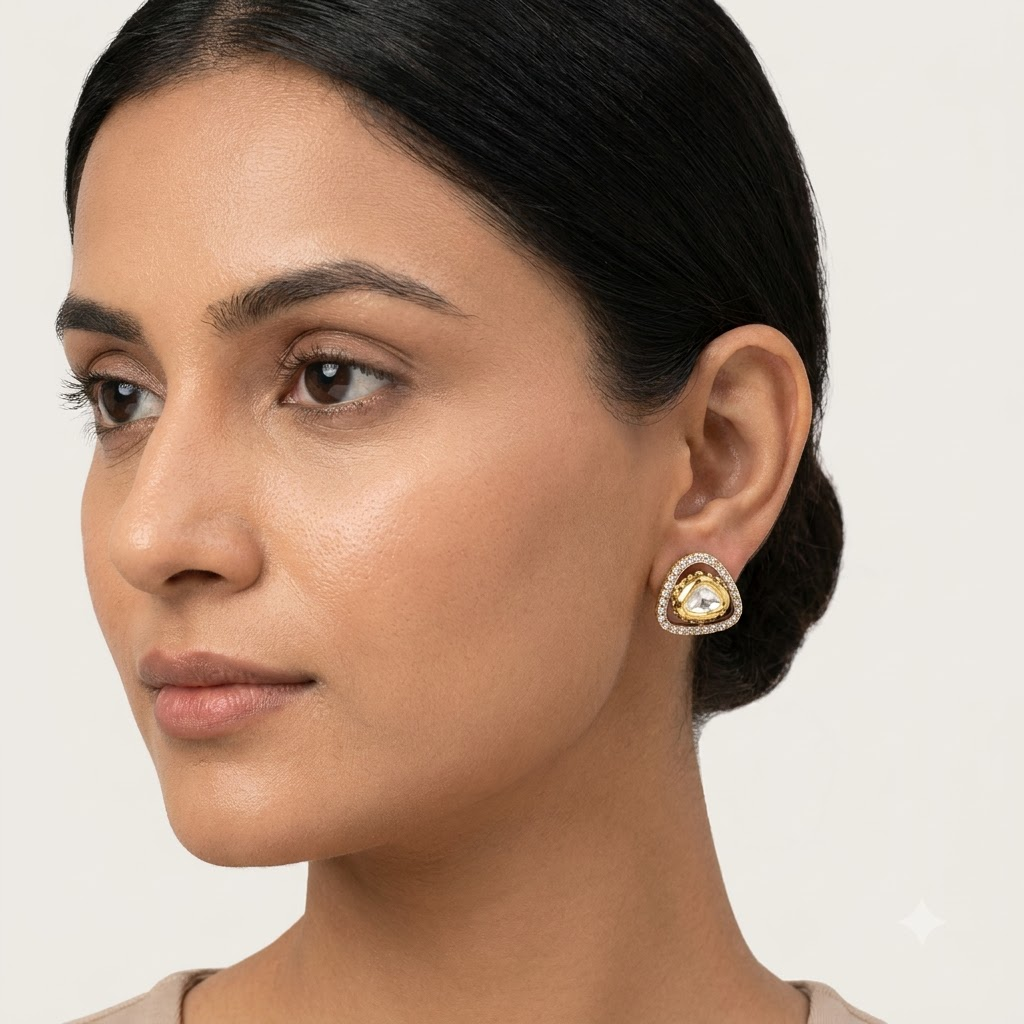 Vedilora Kundan Triangle Stud Earrings – Gold-Tone Crystal Statement Earrings