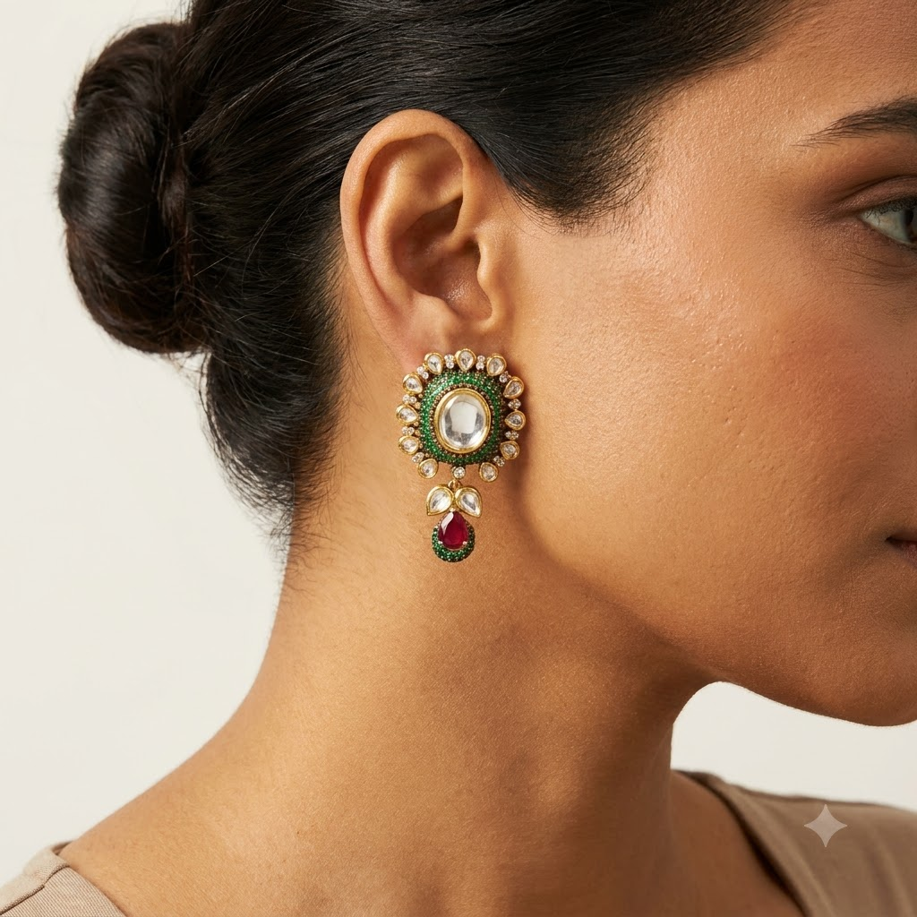 Vedilora Kundan Drop Earrings – Multicolor Stone & Gold-Tone Statement Earrings