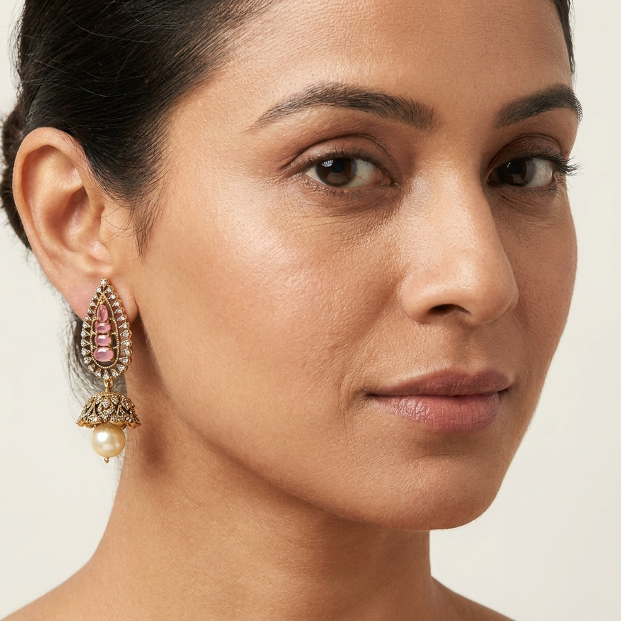 Elegant Pink Kundan-Inspired Pearl Jhumka Earrings