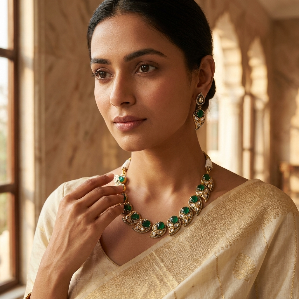 Emerald Green Kundan-Inspired Necklace & Earrings Set