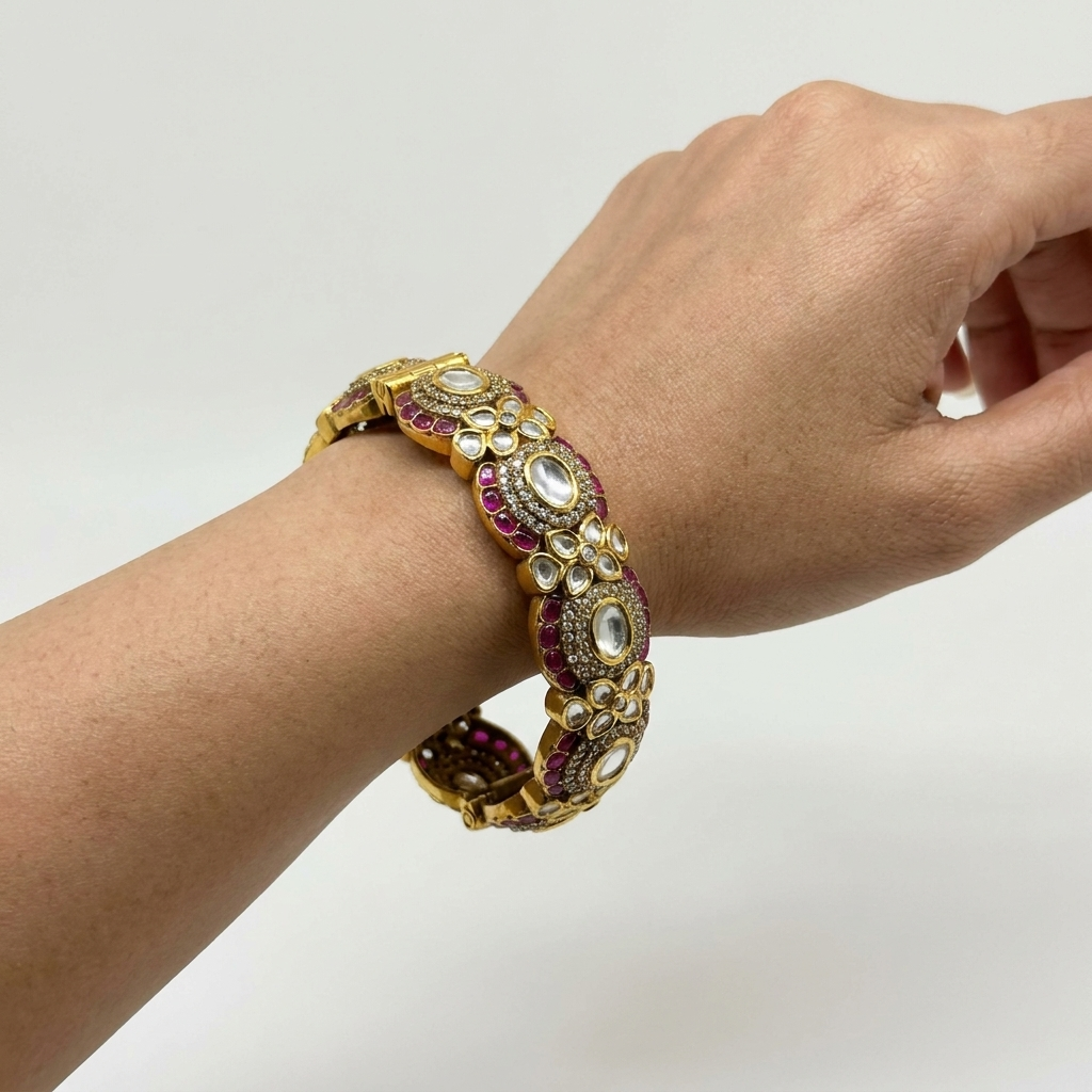 Royal Pink Kundan Antique Bangle