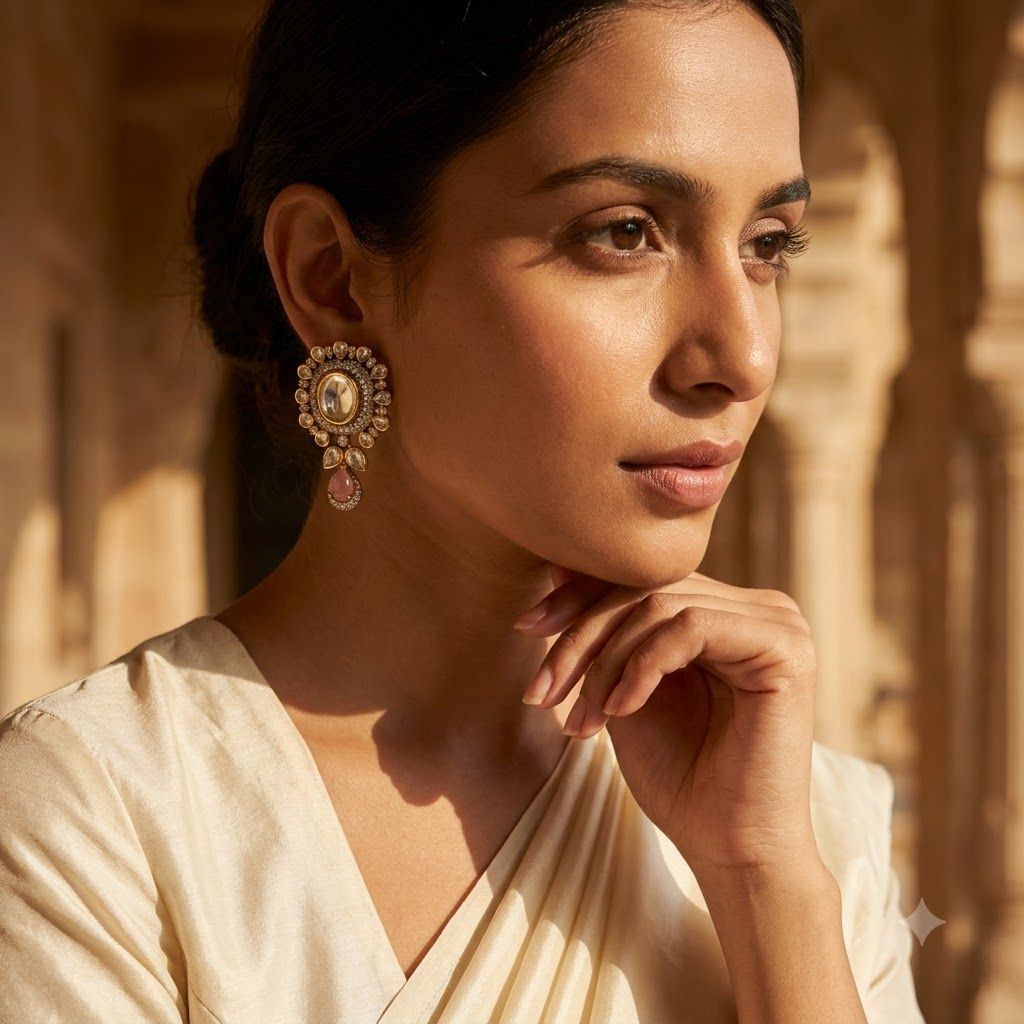 Vedilora Kundan Drop Earrings – Multicolor Stone & Gold-Tone Statement Earrings