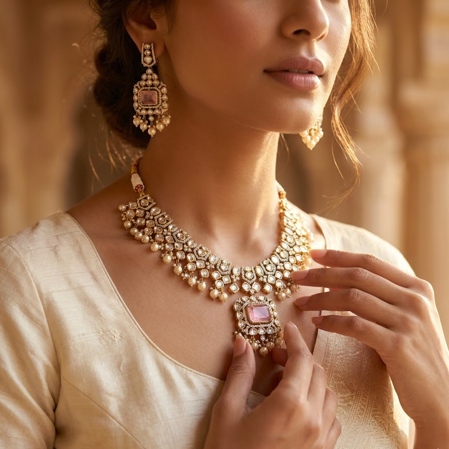 Blush Pink Kundan Bridal Necklace Set