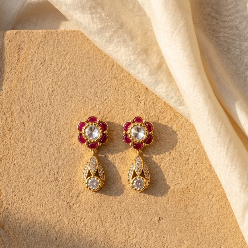 Vedilora Kundan Drop Earrings – Green, Blue & Ruby Floral Statement Jewellery