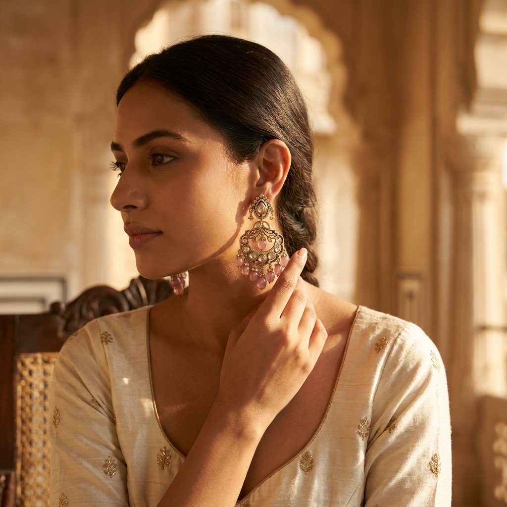 Royal Pink Kundan-Inspired Chandbali Earrings