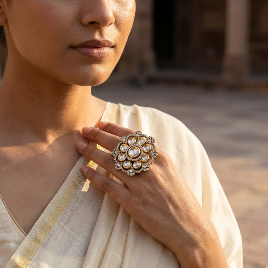 Vedilora Kundan Statement Ring – Free Size Floral Gold-Tone Ring