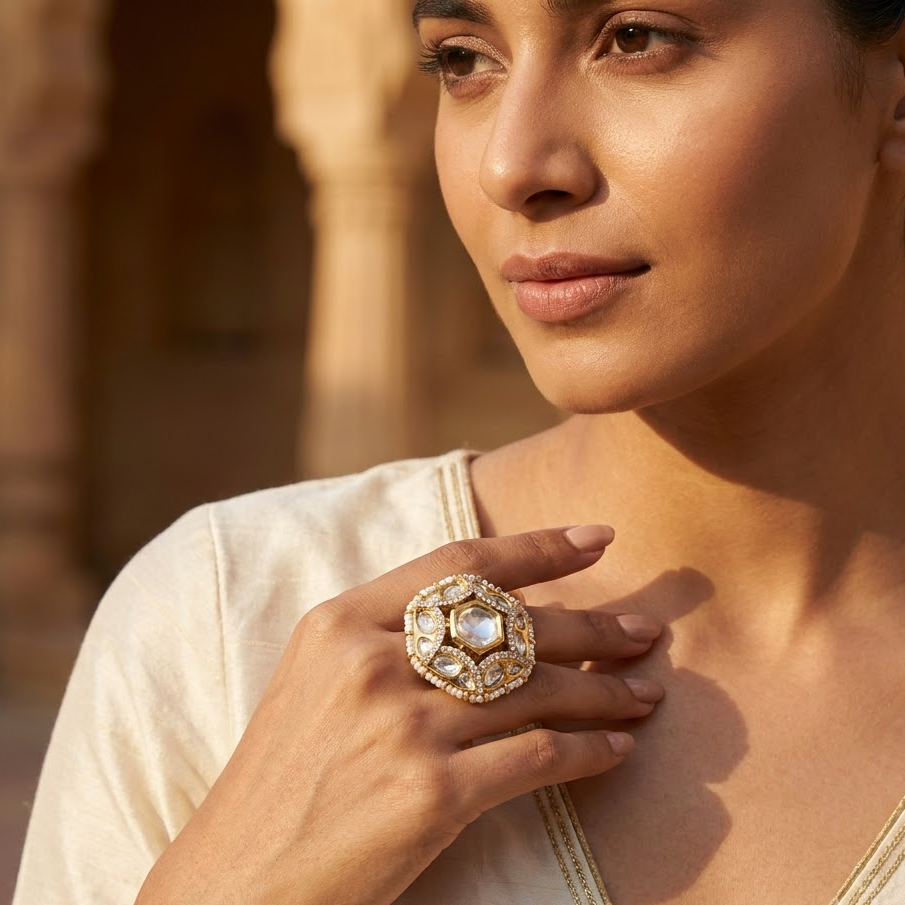 Vedilora Kundan Pearl Statement Ring – Gold-Tone Designer Ring Size: Free Size / Adjustable