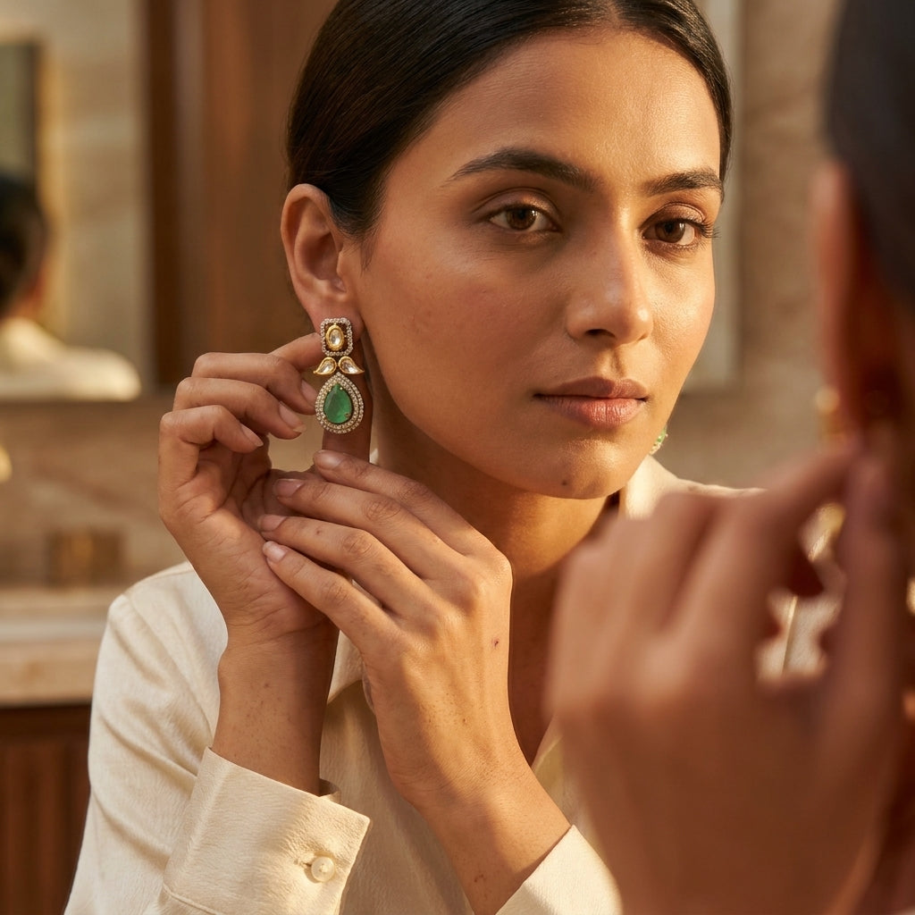 Royal Emerald Green Teardrop Kundan Earrings