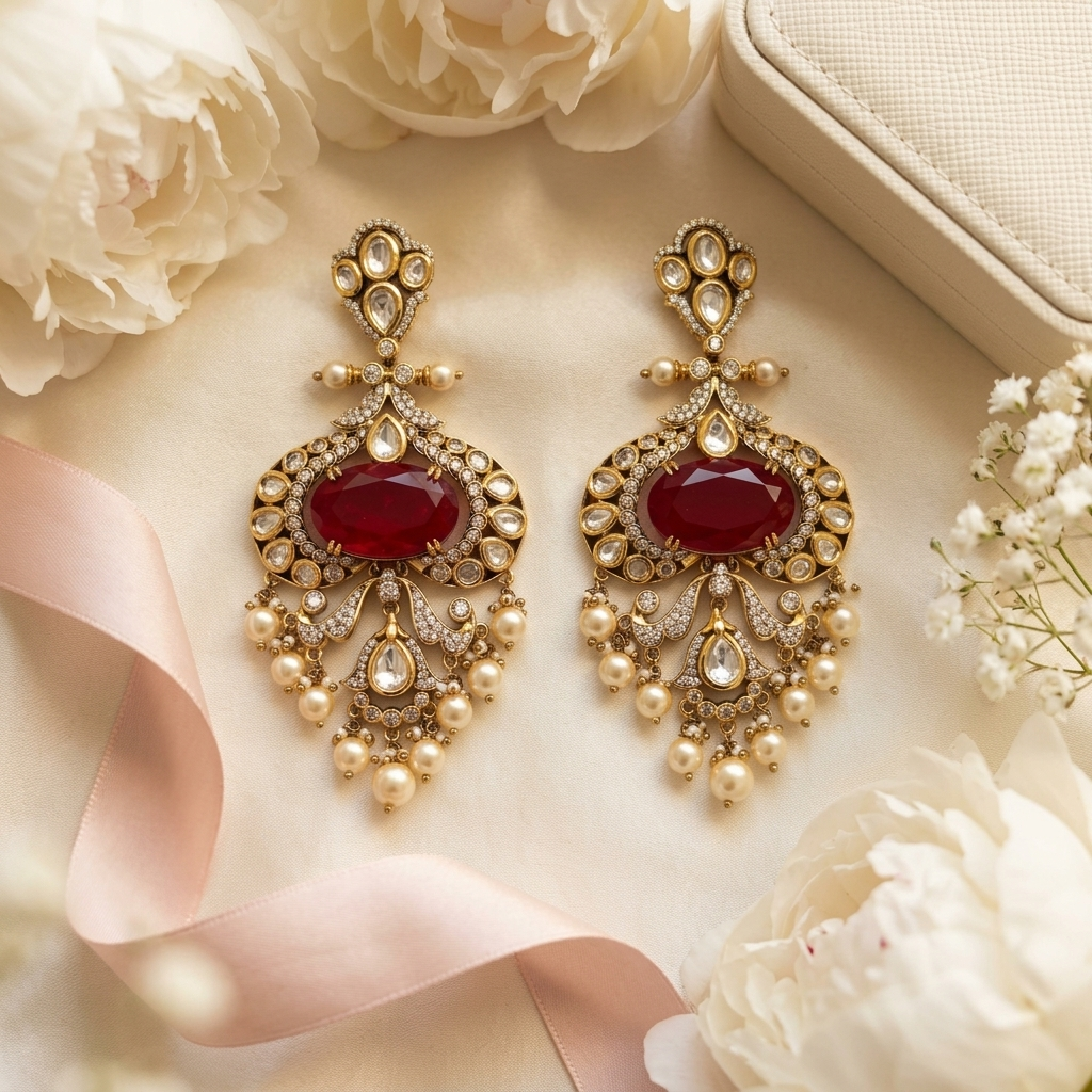 Ruby Red Kundan Chandelier Earrings – Gold-Tone Pearl & Crystal Statement Earrings