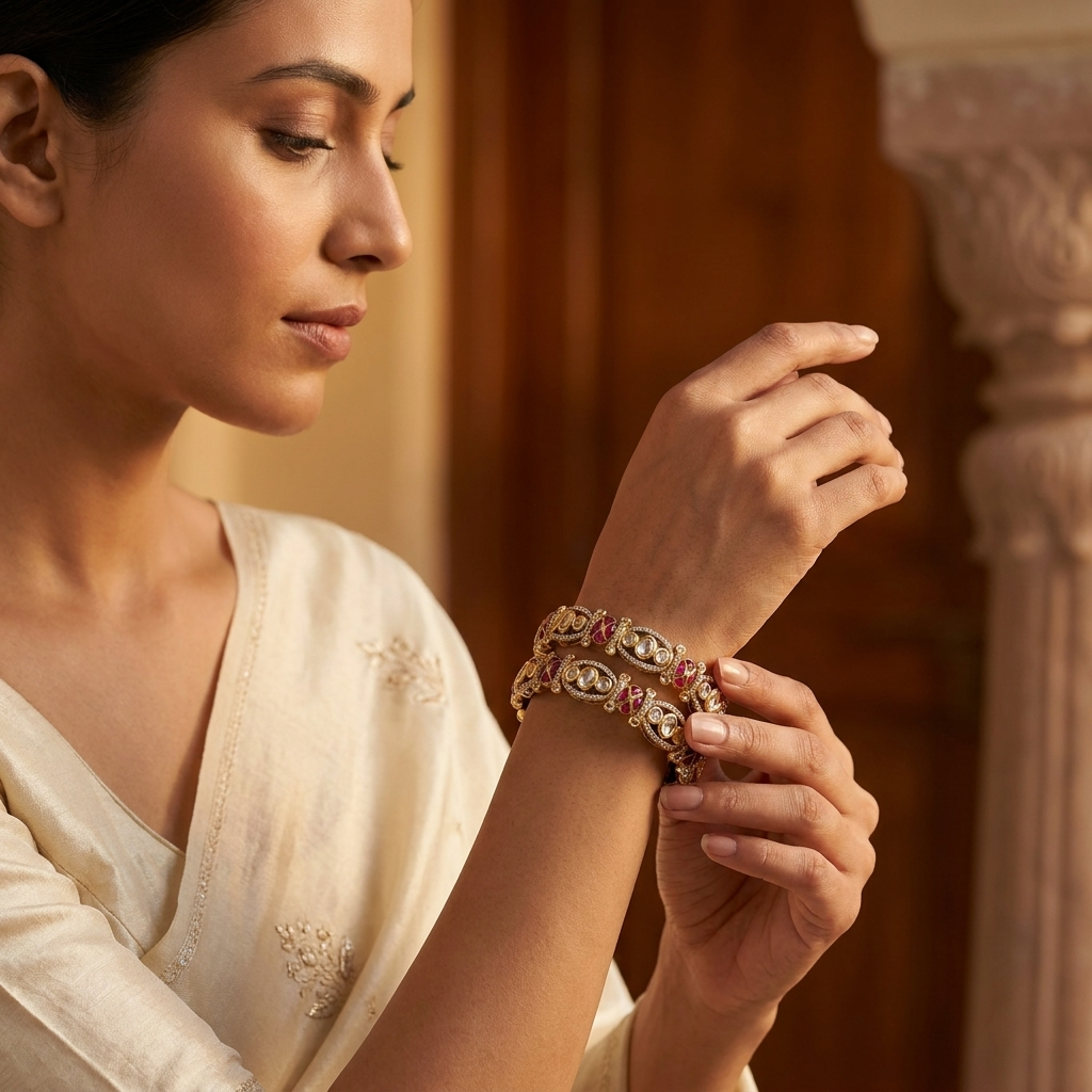Ruby Kundan Bangles Set – Gold-Finish Traditional Designer Kada