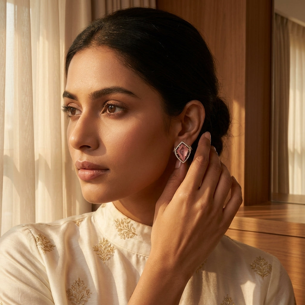 Blush Pink Gemstone Stud Earrings in Gold with Diamond Halo