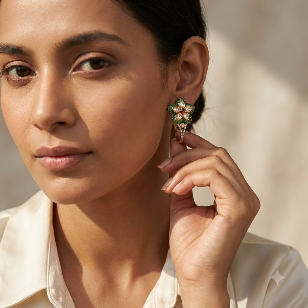 Vedilora Kundan Floral Drop Earrings – Green & White Statement Earrings