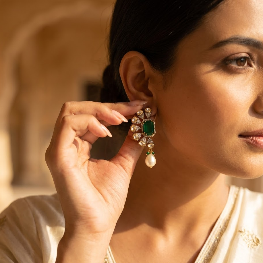 Vedilora Kundan Pearl Drop Earrings – Green & Pink Statement Ethnic Jewellery