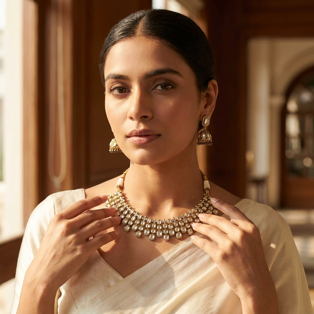 Royal Kundan-Inspired White Stone Necklace & Earrings Set