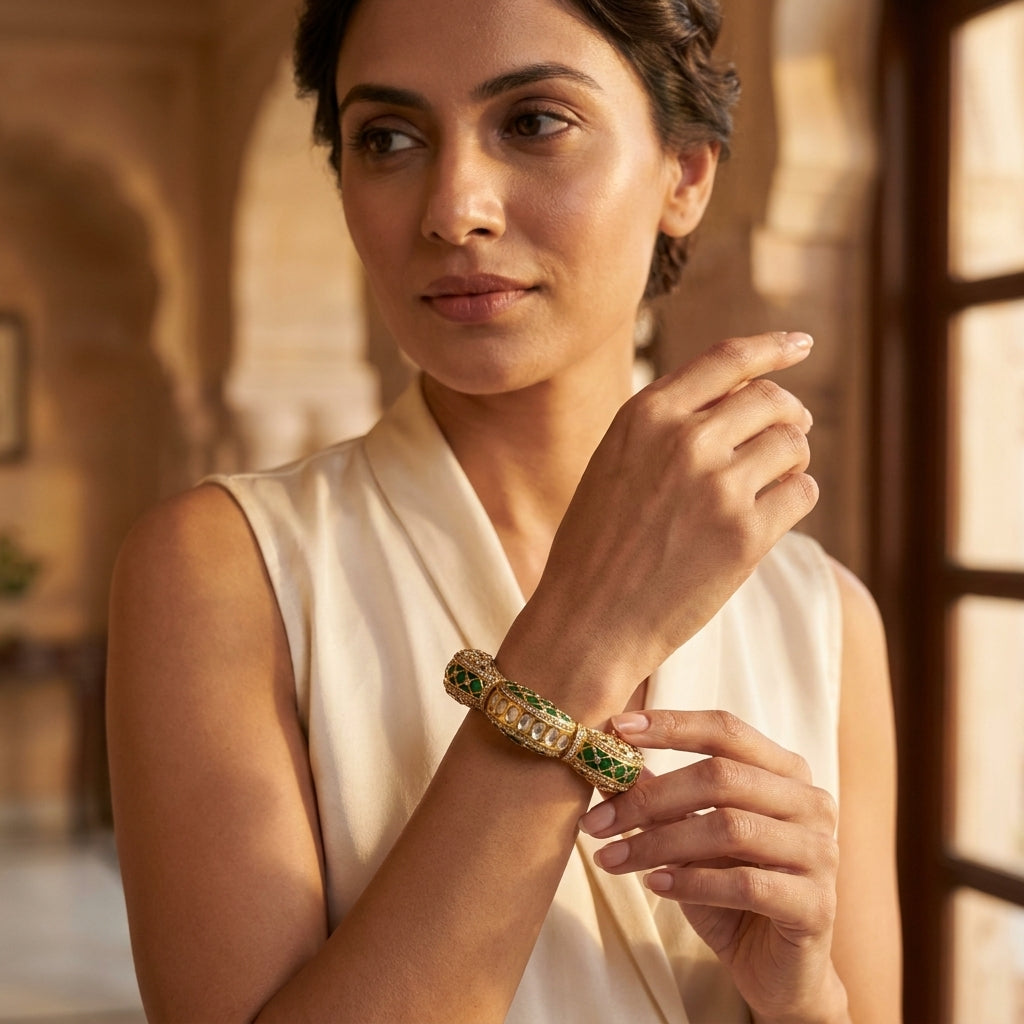 Luxury Emerald Green Kundan Polki Kada Bracelet for Women