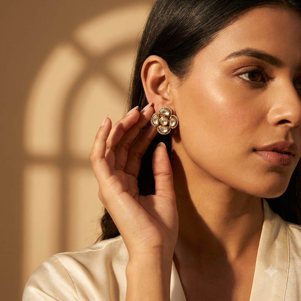 Vedilora Kundan Geometric Stud Earrings – Gold-Tone White Stone Statement Jewellery