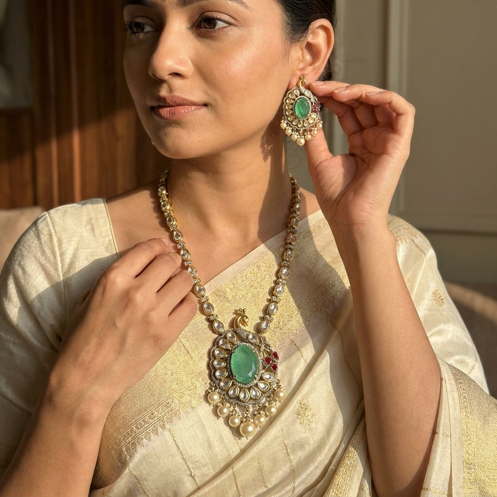 Royal Emerald Peacock Kundan Necklace Set with Earrings