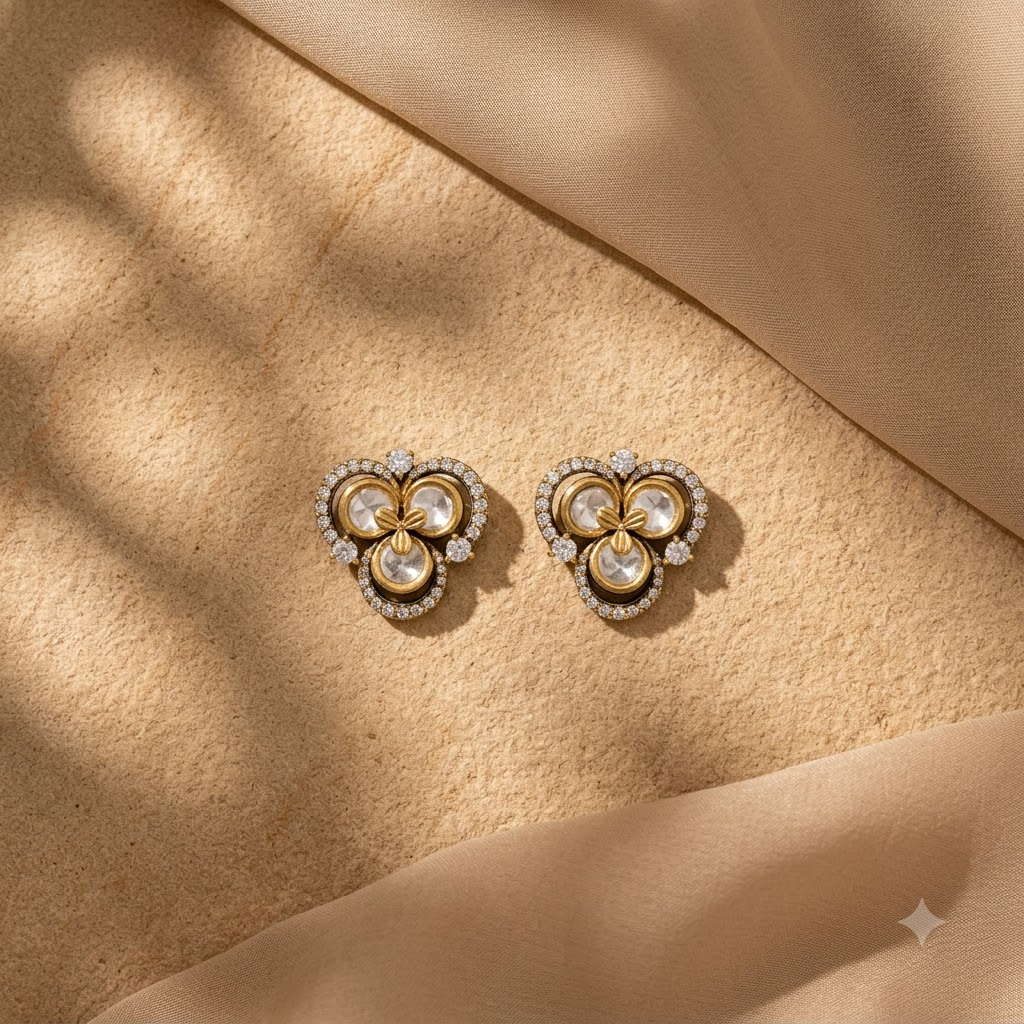 Vedilora Kundan Floral Stud Earrings – Elegant Gold-Tone Statement Jewellery